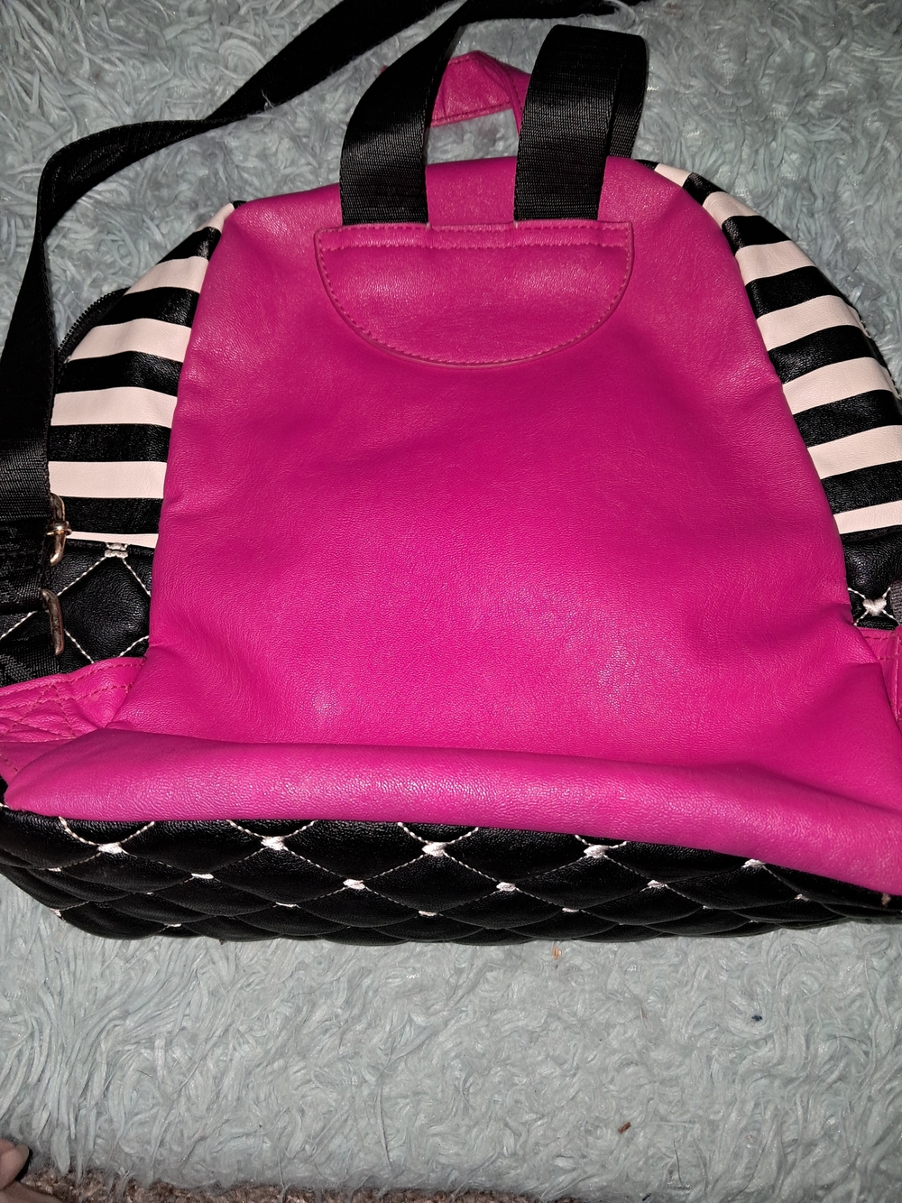 Betsey Johnson Pink Quilted Mini Backpack with Black Trim and Hot Pink Accents - Picture 2 of 4